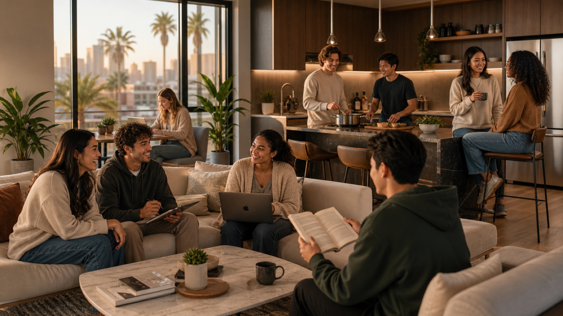 Students socializing and studying together in a 1165 WEST residence lounge