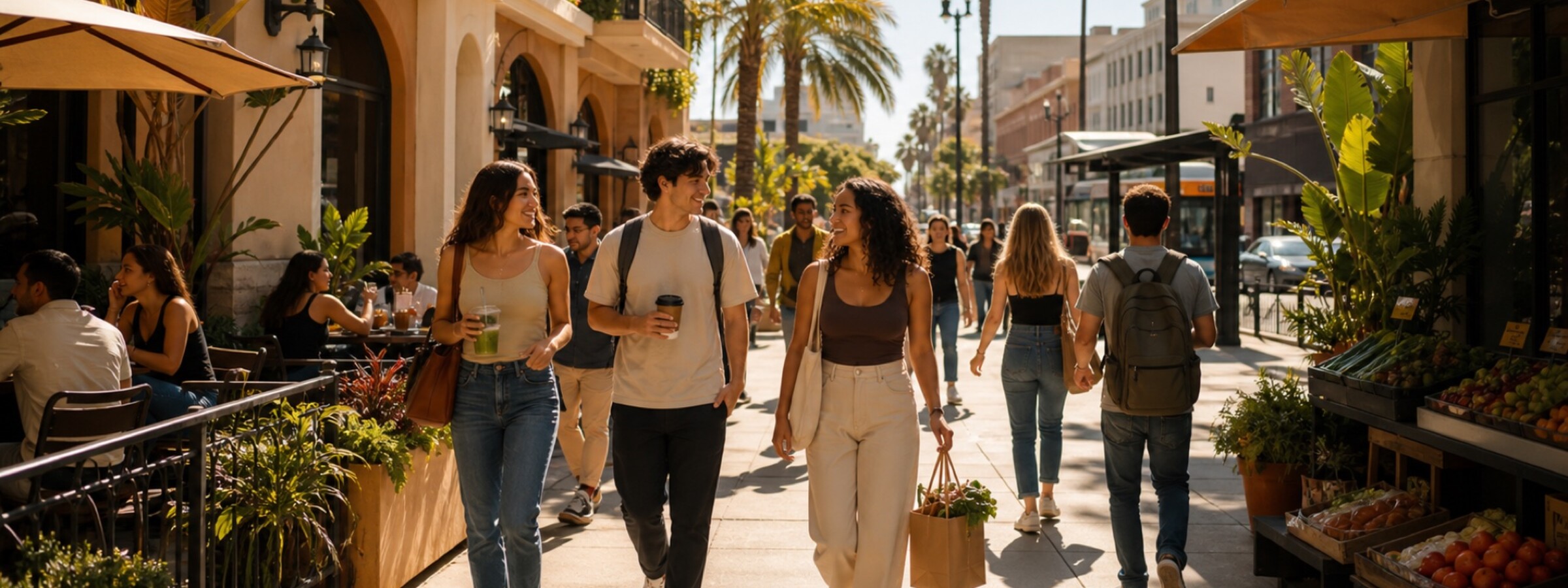 Students carrying groceries through a campus-side retail street
