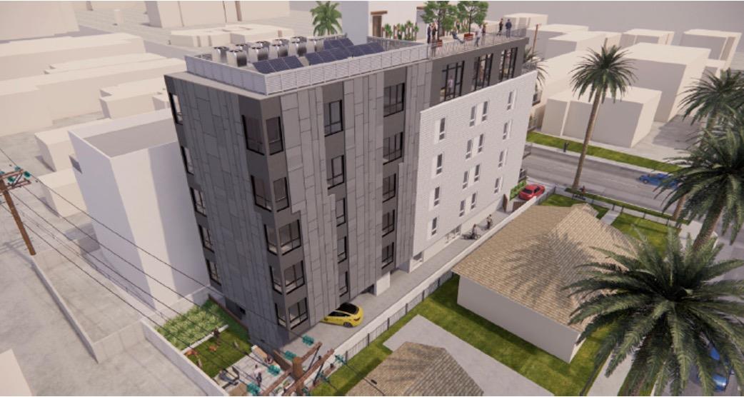 Aerial rendering of 1165 WEST with rooftop space and surrounding residential block