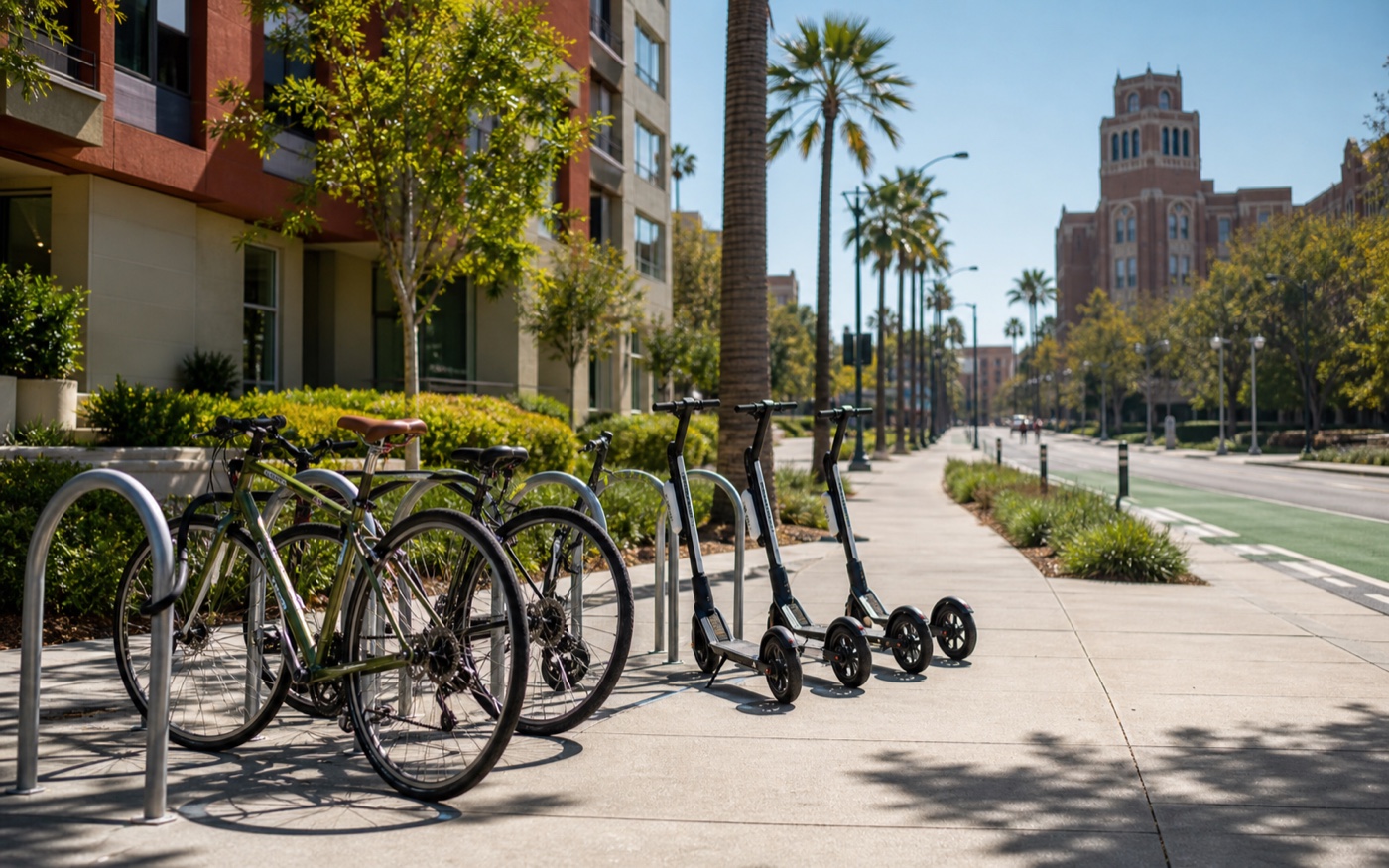 Bike racks and scooters near USC student housing