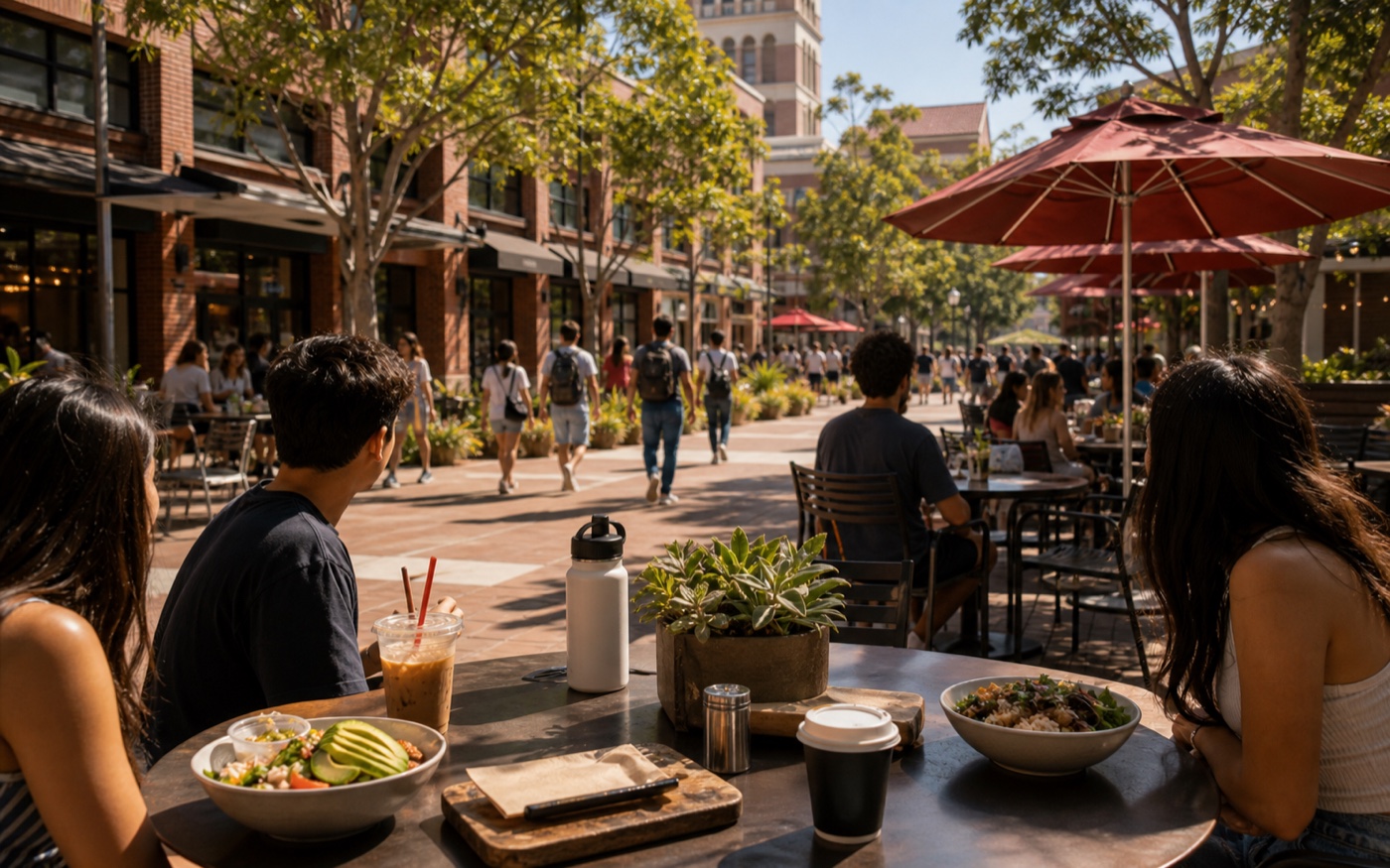 USC Village style outdoor dining and coffee plaza