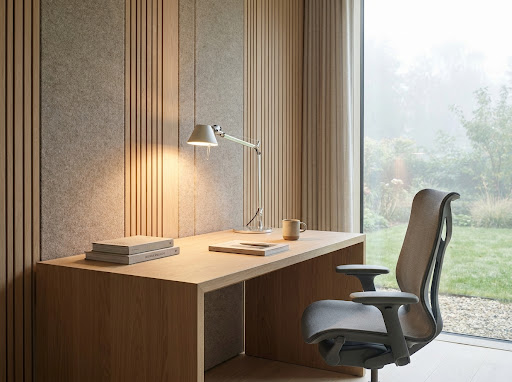 Quiet study room with warm lighting and premium materials
