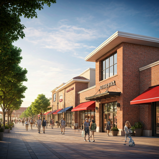 Campus-side retail street with restaurants and daily essentials